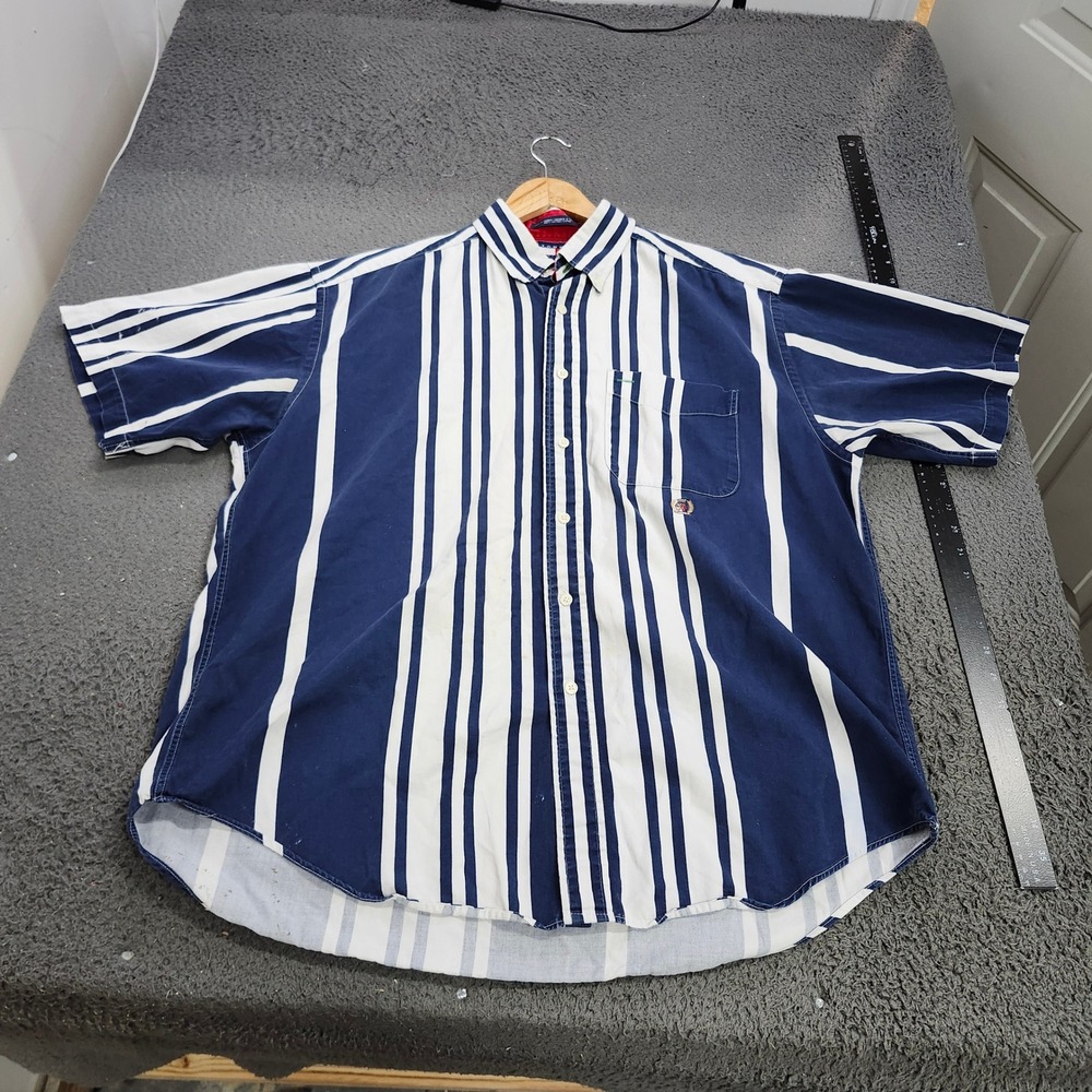 Tommy Hilfiger Mens L Vintage 90s Striped Short Sleeve Button Down Shirt Navy